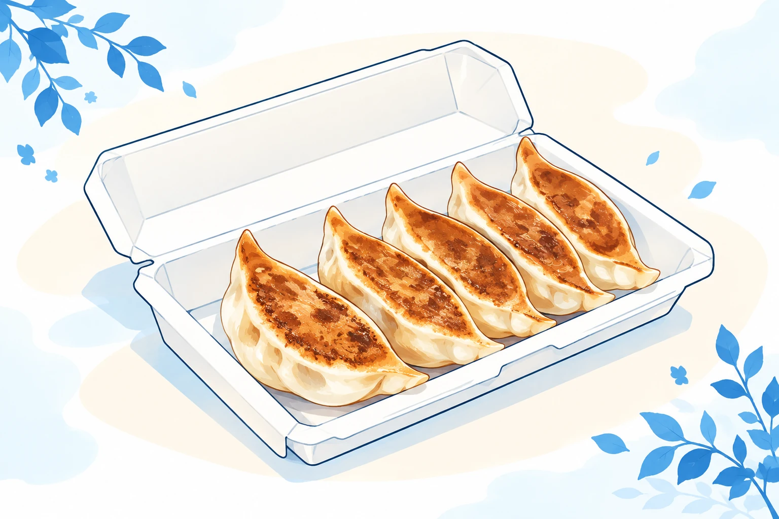 持ち帰り用パックに入った餃子5個のイラスト
